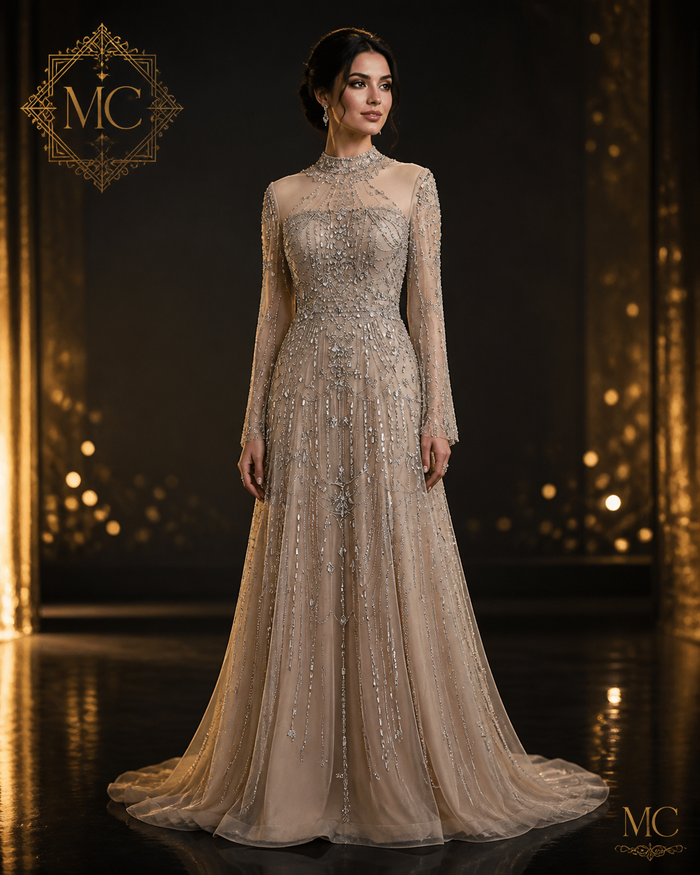 MC THE BLACK DIAMOND luxury long sleeve high neck Dubai evening dress for women, ideal for weddings and formal parties.