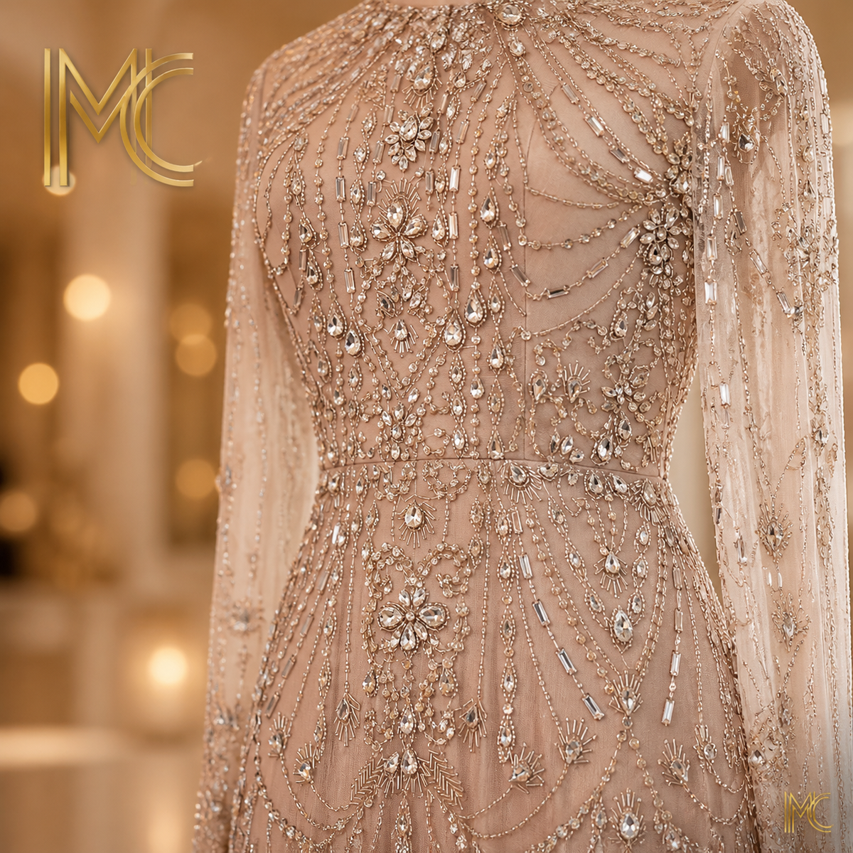 Long sleeve high neck Dubai luxury evening dress by MC THE BLACK DIAMOND, elegant formal gown for women wedding or party.