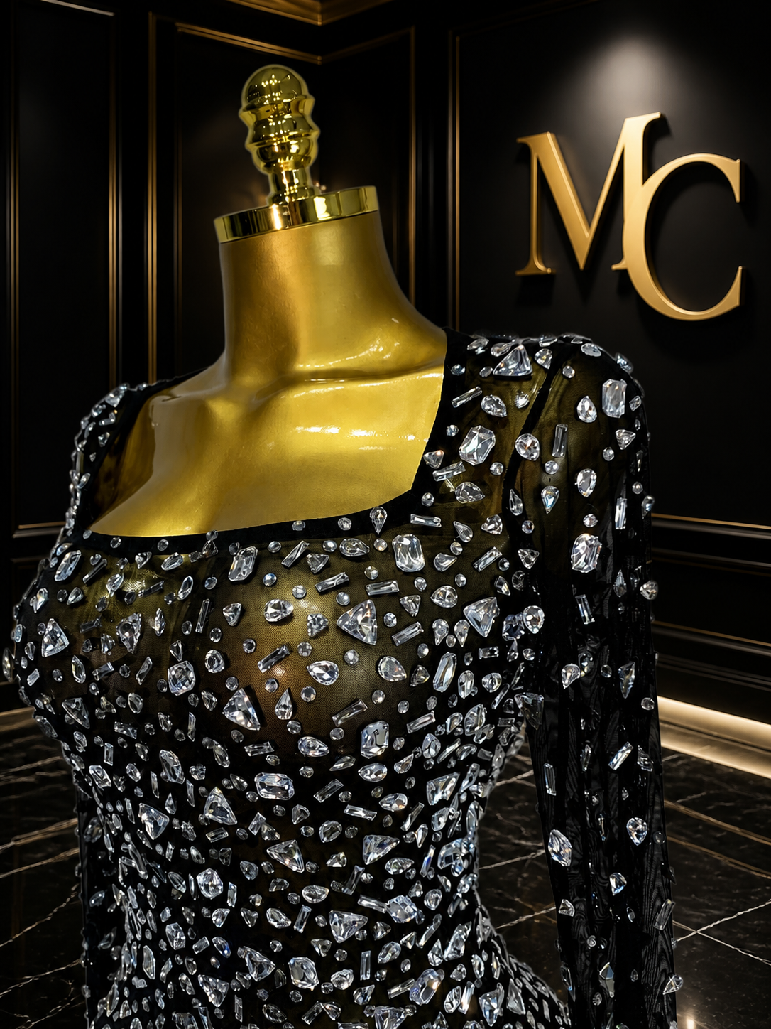 MC THE BLACK DIAMOND sparkling diamond short party dress with elegant design and fitted silhouette.