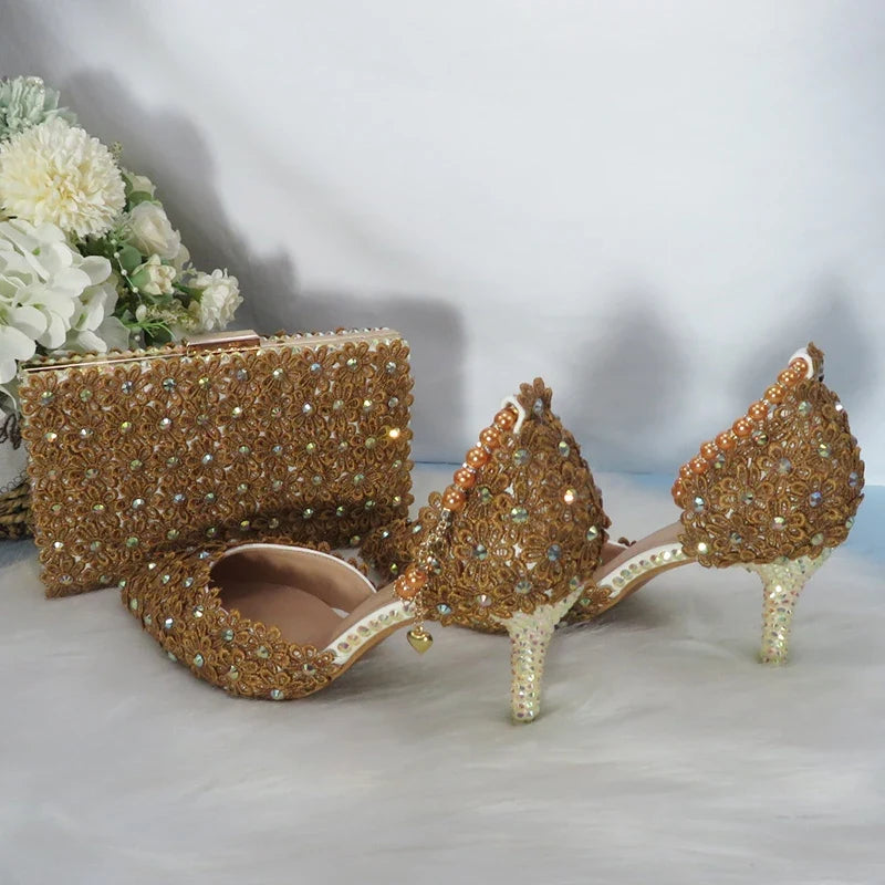 Coffee-colored wedding heels and matching purse set with lace flower details, pointed toe, ankle strap, from Mohammad Collection.