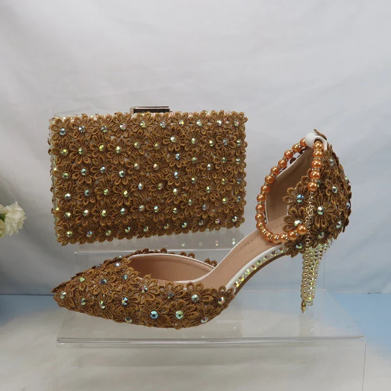 Coffee-colored wedding heels and matching purse from Mohammand Collection, lace-up pointed toe ankle strap party shoes.