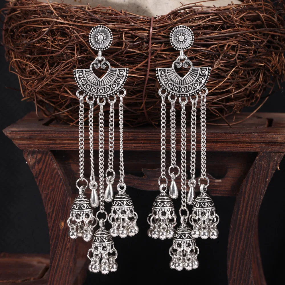 Silver Egypt Geometric Bell Long Tassel Drop Earrings with ethnic Indian and Turkish design, featuring intricate Jhumka details.