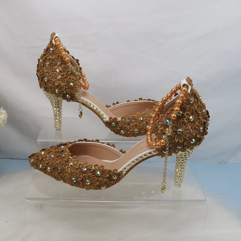 Coffee-colored lace flower wedding shoes and matching purse set with pointed toe, ankle strap heels, and pearl accents.