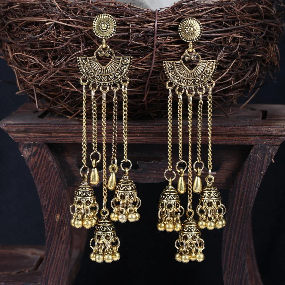 Silver Egypt Geometric Bells Long Tassel Drop Earrings with Turkish ethnic design and intricate jhumka detailing for women.