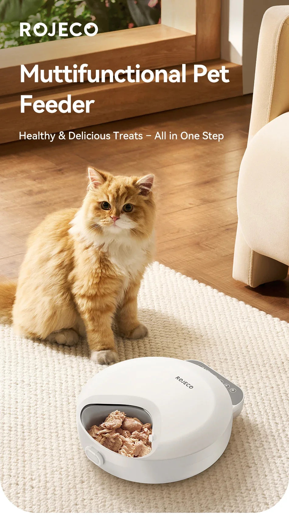 Automatic pet feeder by MC THE BLACK DIAMOND dispensing wet and dry food, with wireless smart controls for cats and dogs.