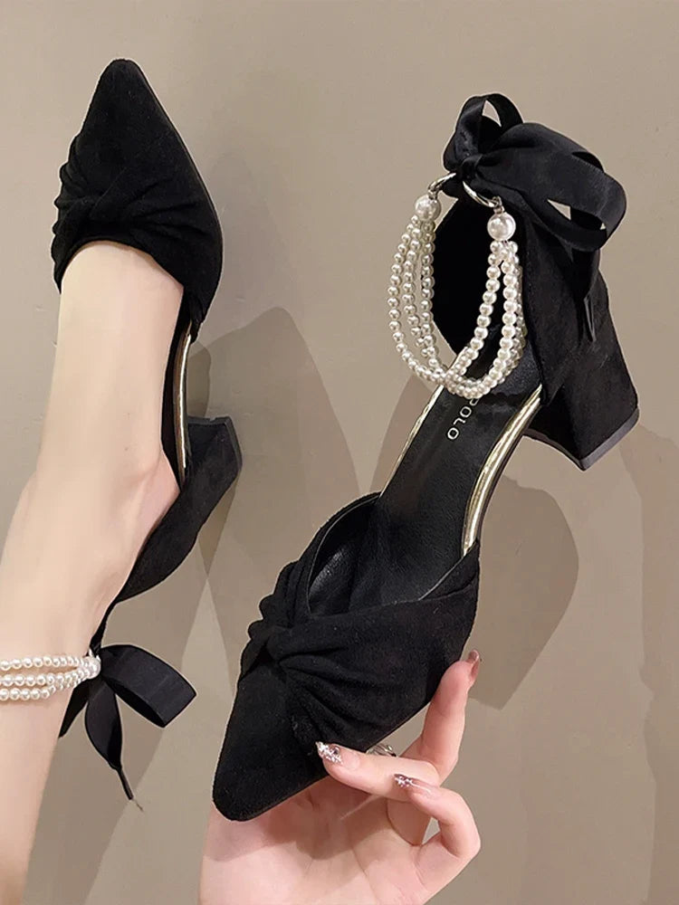 White pearl strap sandals for women with chunky heels, unique design, summer style, by MC THE BLACK DIAMOND, made of PU material.