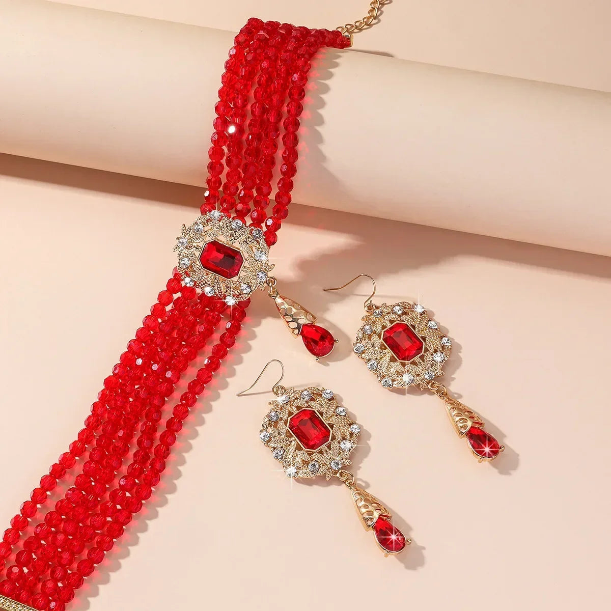 Vintage green, red, blue crystal necklace with geometric hollow alloy earrings, stylish wedding jewelry set by MC THE BLACK DIAMOND
