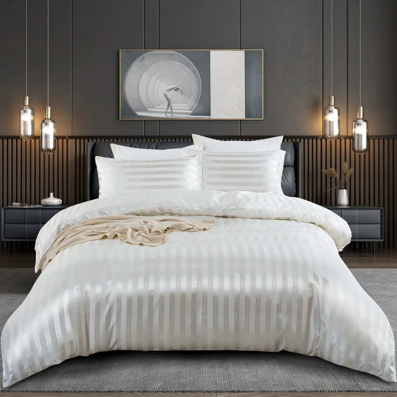 Luxury ivory white satin-striped duvet cover set by 𝕄𝕔 𝕋𝕙𝕖 𝔹𝕝𝕒𝕔𝕜 𝔻𝕚𝕒𝕞𝕠�