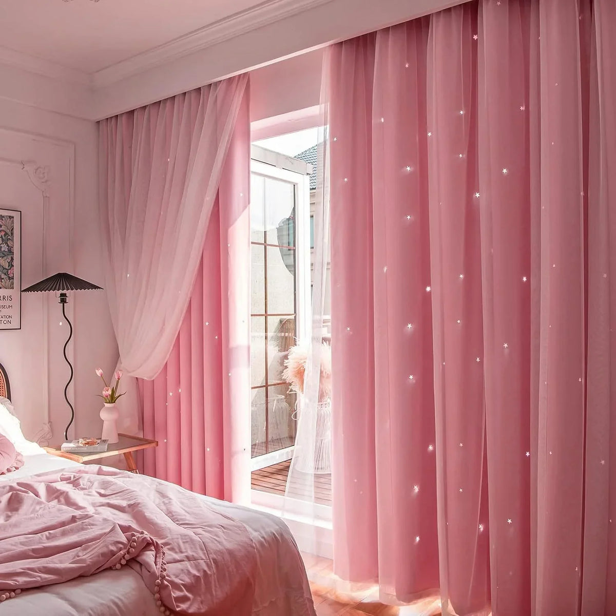 Blue double-layer princess curtains with 2 panels, featuring elegant design and lightweight fabric, from MC THE BLACK DIAMOND.