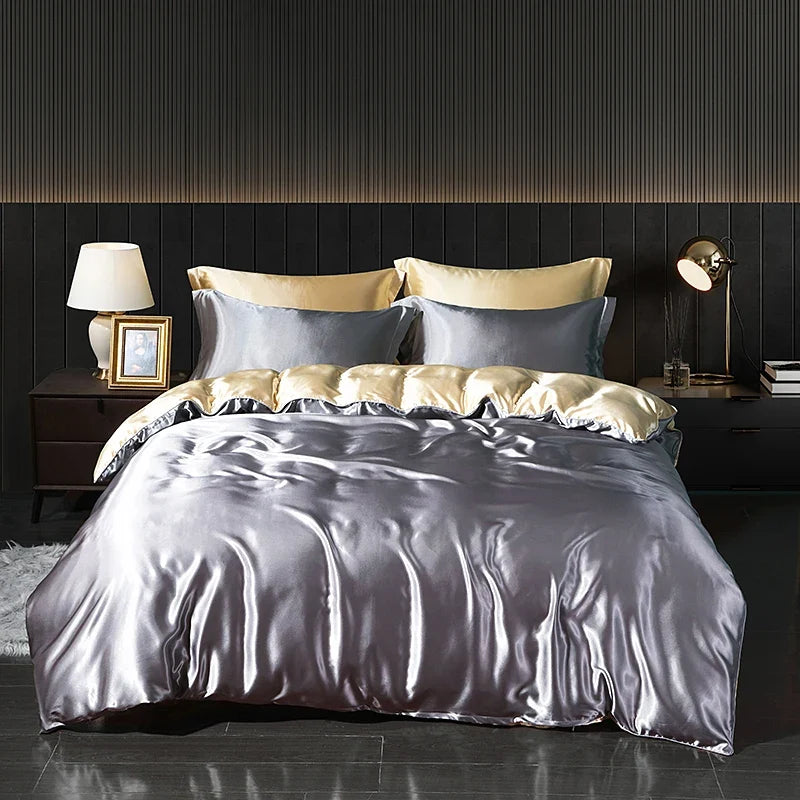 Luxury satin bedding set with fitted sheet and duvet cover by MC THE BLACK DIAMOND, featuring smooth, elegant home decor for a refined bedroom.