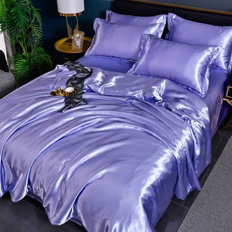 Luxury Mulberry silky bedding set with queen-sized satin duvet cover and sheets, soft, skin-friendly, high-end satin for elegant sleep.