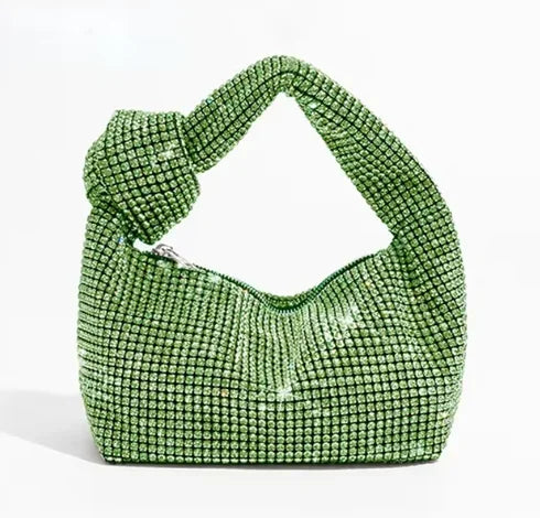 Silver crystal handle evening bag with rhinestone knot design, luxury MC THE BLACK DIAMOND designer tote for women.
