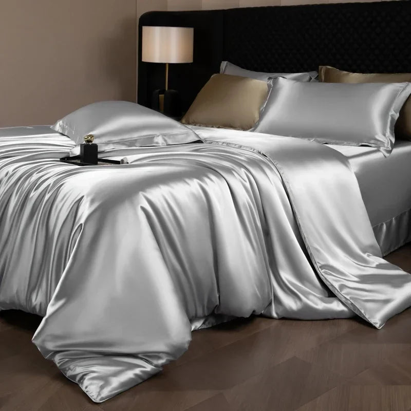 Luxury silk bed sheets set with duvet cover, fitted sheet, flat sheet, and pillowcases in king and queen sizes from 𝕄𝕔 𝕋𝕙𝕖 𝔹𝕝𝕒𝕔𝕜 �