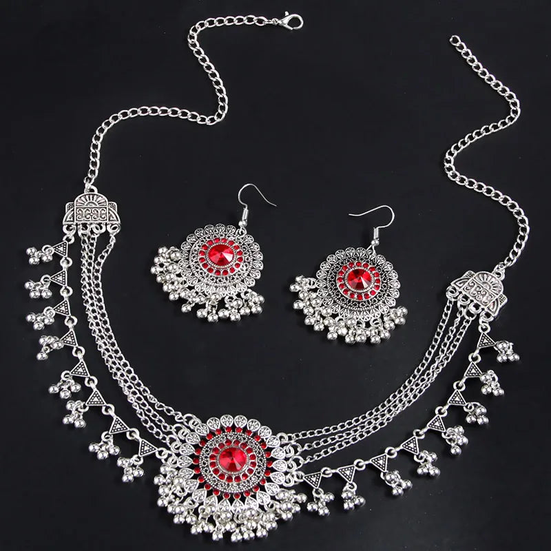 MC THE BLACK DIAMOND rhinestone jewelry set featuring a multilayer necklace with metal beads and tassel earrings for women