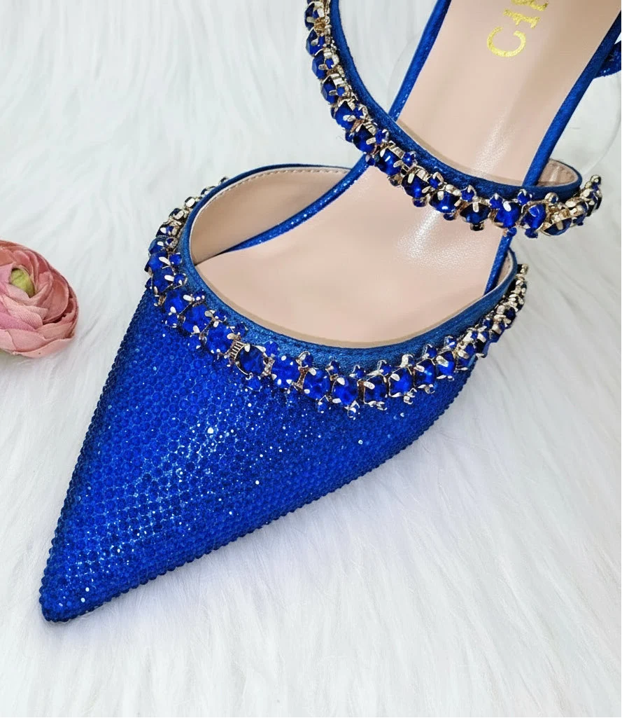 MC THE BLACK DIAMOND royal blue high heels and metallic bucket bag with drill chain decoration, perfect for fashionable banquets