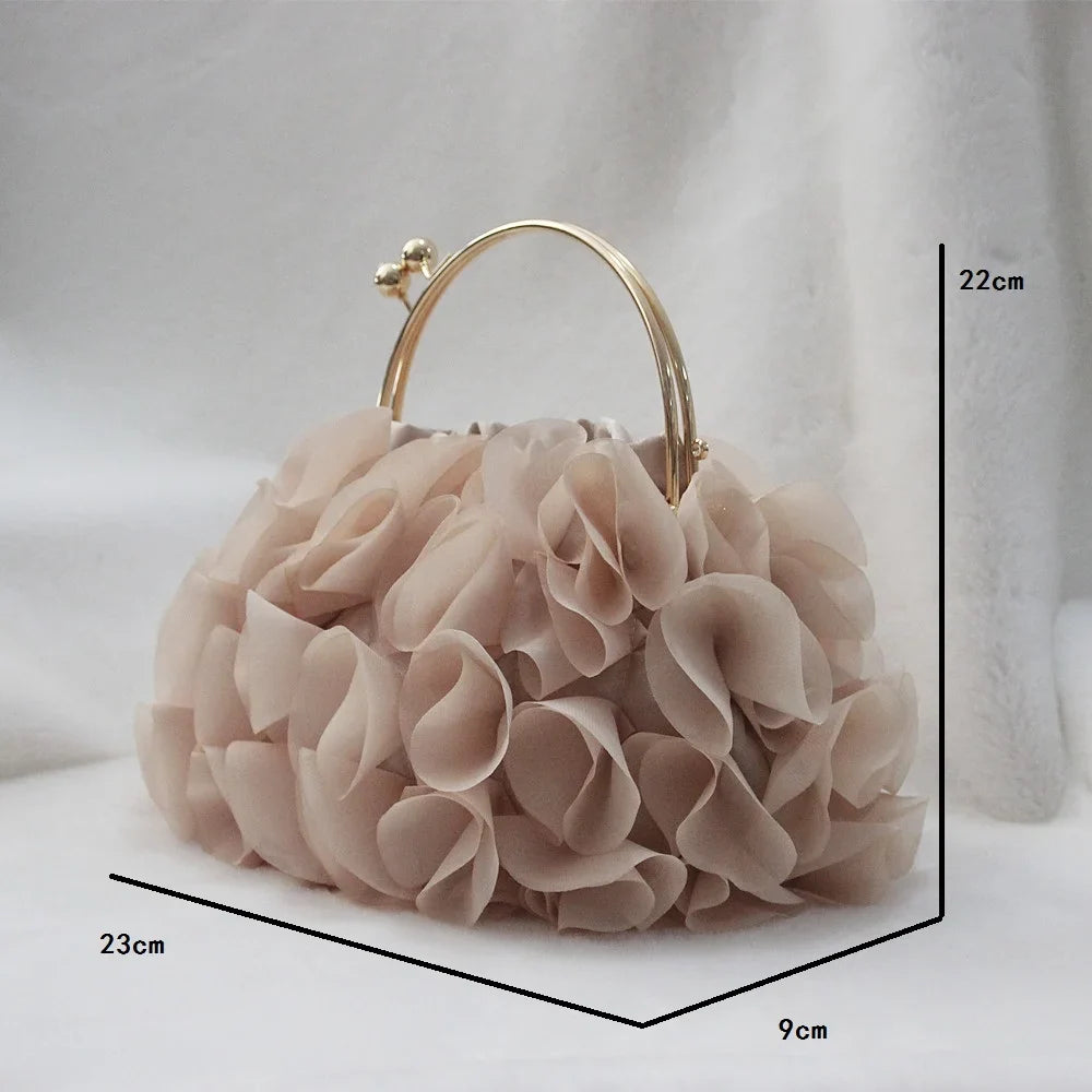 Luxury satin floral clutch bag for women, MC THE BLACK DIAMOND evening purse with shoulder chain, ideal for weddings and parties.