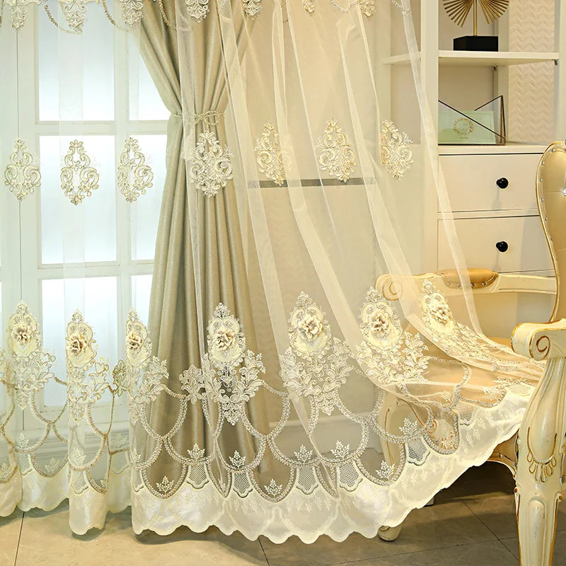 Elegant black double-layer curtains with embossed base and 3D embroidery, ideal for bedroom or living room decor.