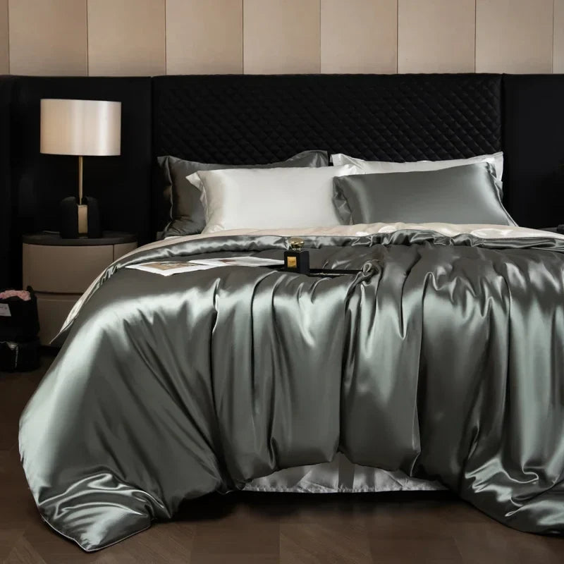 Silk bed sheets set with duvet cover, fitted sheet, flat sheet, and pillowcases from 𝕄𝕔 𝕋𝕙𝕖 𝔹𝕝𝕒𝕔𝕜 𝔻𝕚�