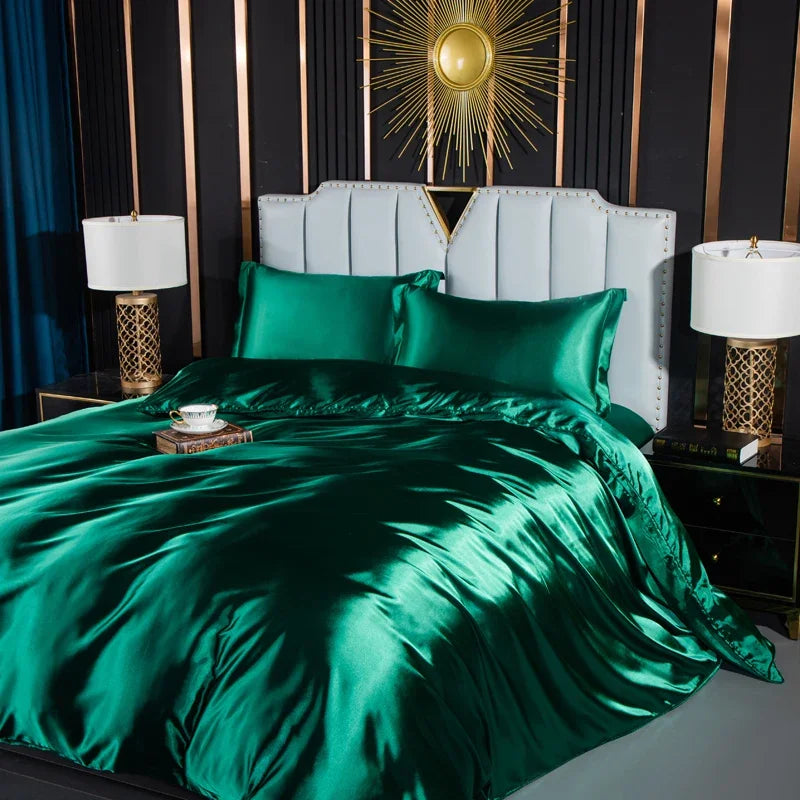 Luxury silk bedding set with duvet cover, fitted sheet, flat sheet, and pillowcases from 𝕄𝕔 𝕋𝕙𝕖 𝔹𝕝𝕒𝕔𝕜 𝔻𝕚�
