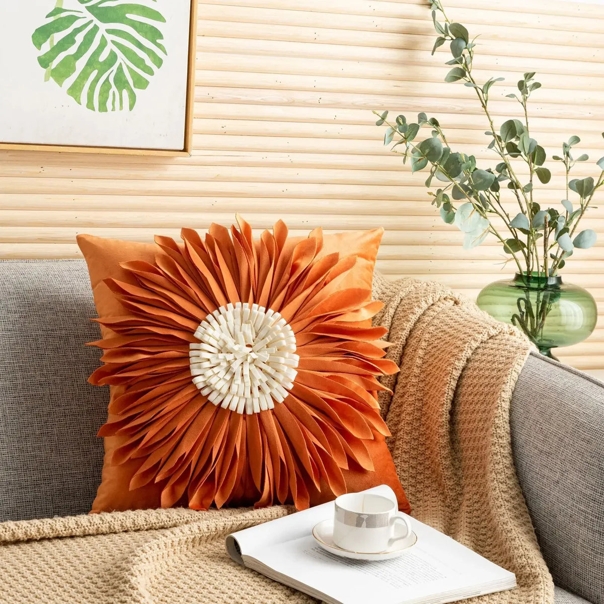Pink and white velvet throw pillow with 3D chrysanthemum stitching, 45x45cm, from MC THE BLACK DIAMOND home decor collection.