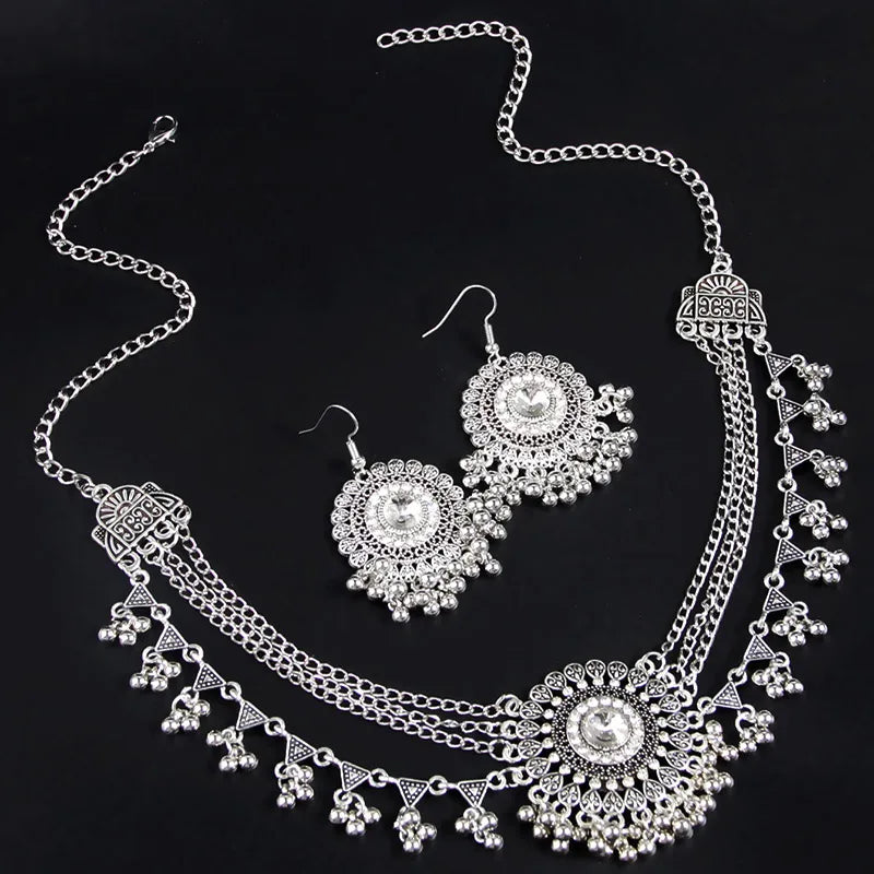 MC THE BLACK DIAMOND rhinestone jewelry set with multilayer collar necklace and matching tassel earrings for women