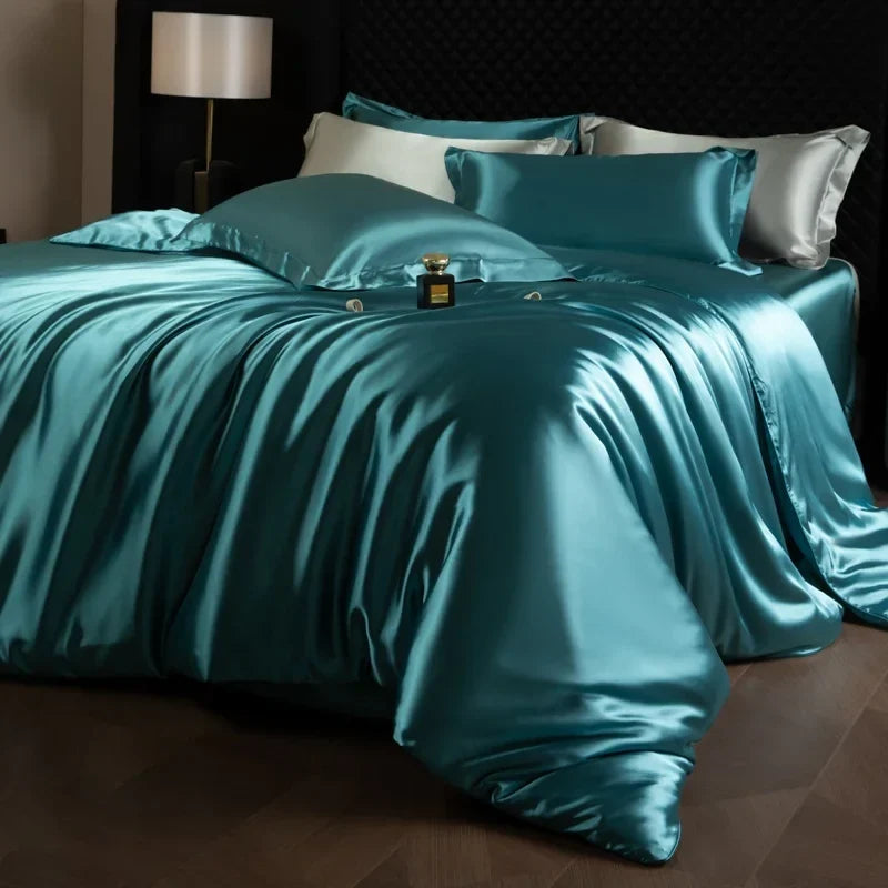 Luxury MC The Black Diamonds satin duvet cover set with solid color bedsheets in single, double, queen, and king sizes, soft and silky.