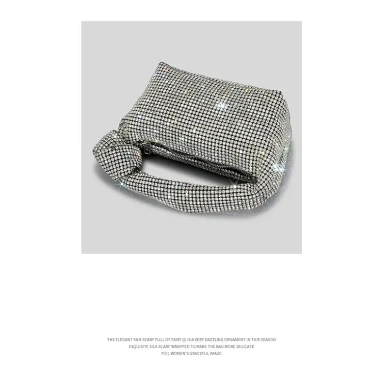 Silver crystal handle evening bag with rhinestone knot design, luxury MC THE BLACK DIAMOND women’s designer tote handbag.