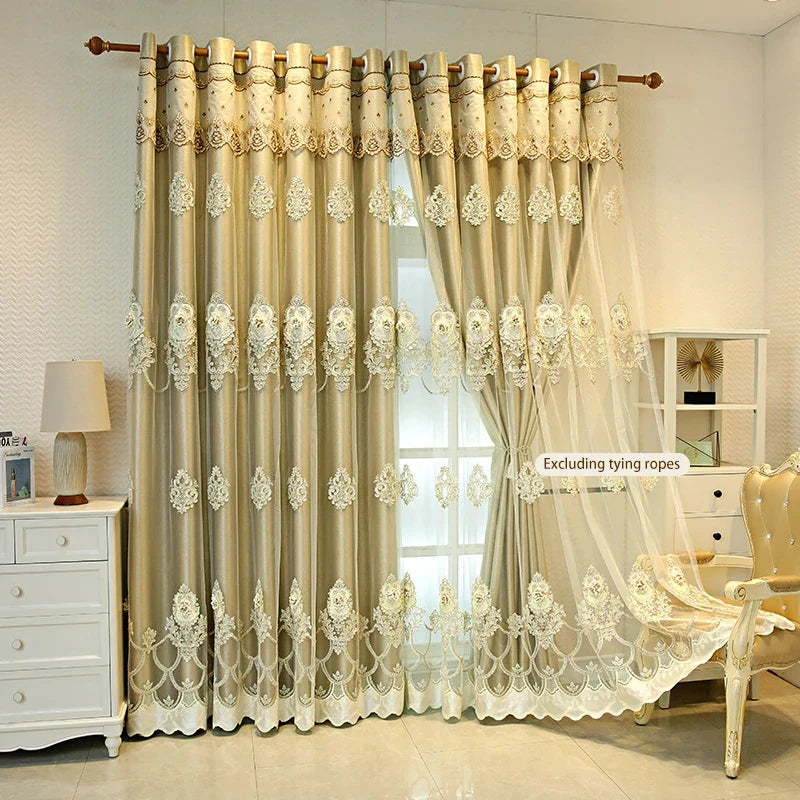 Elegant black double-layer curtains with embossed base and 3D embroidery, perfect for bedroom or living room decor.