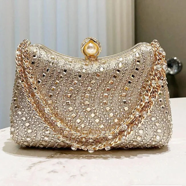 MC THE BLACK DIAMOND rhinestone diamond inlay evening clutch bag with gold, silver, and blue accents, perfect for wedding and party.