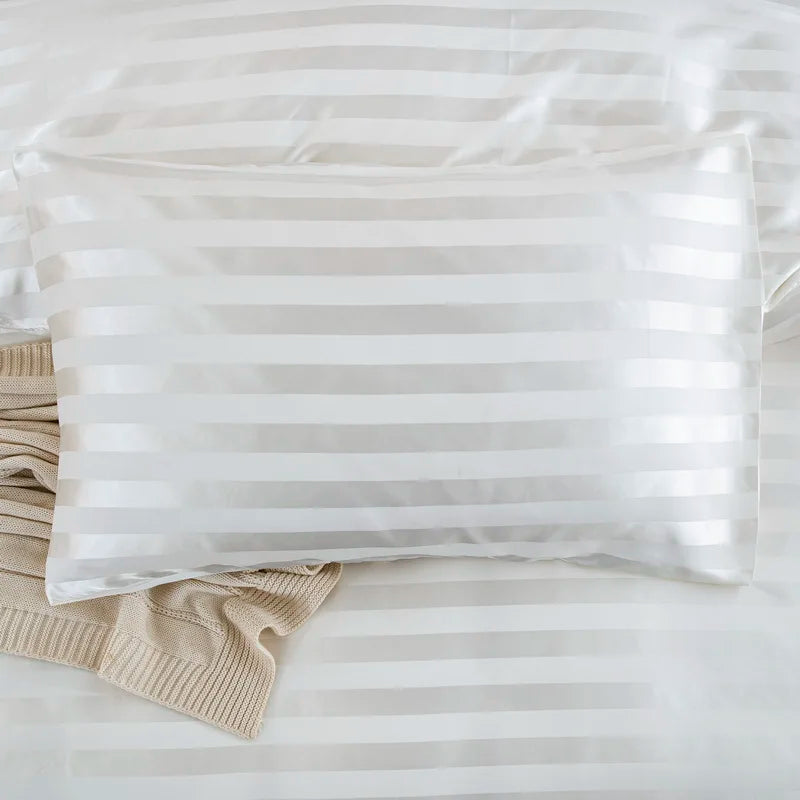 Luxury satin striped duvet cover set in ivory white, featuring silky-like bedding from 𝕄𝕔 𝕋𝕙𝕖 𝔹𝕝𝕒𝕔𝕜 𝔻𝕚𝕒�