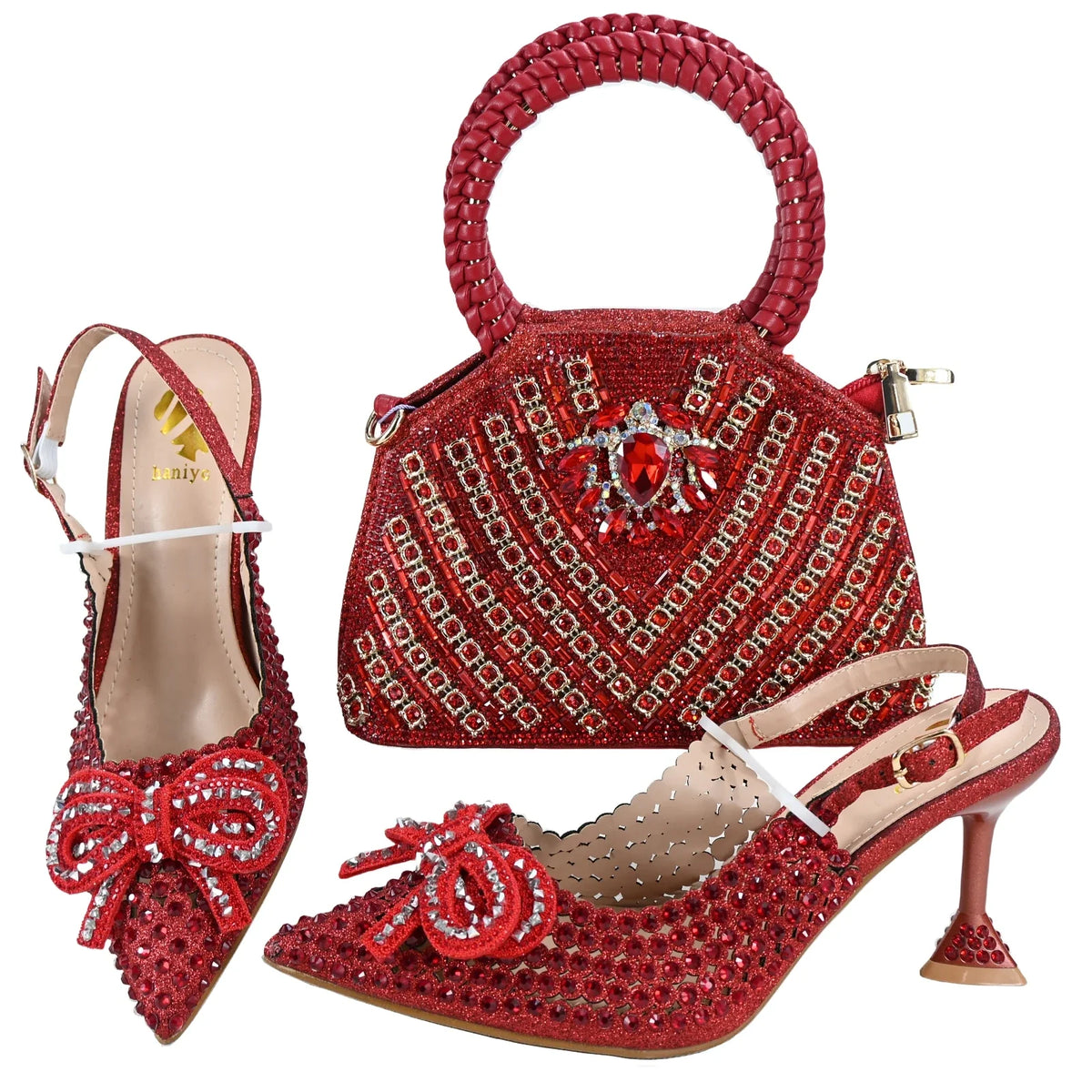 Elegant Italian shoes and matching leather handbags with stone embellishments, designed for evening parties by Mohammad Collection.