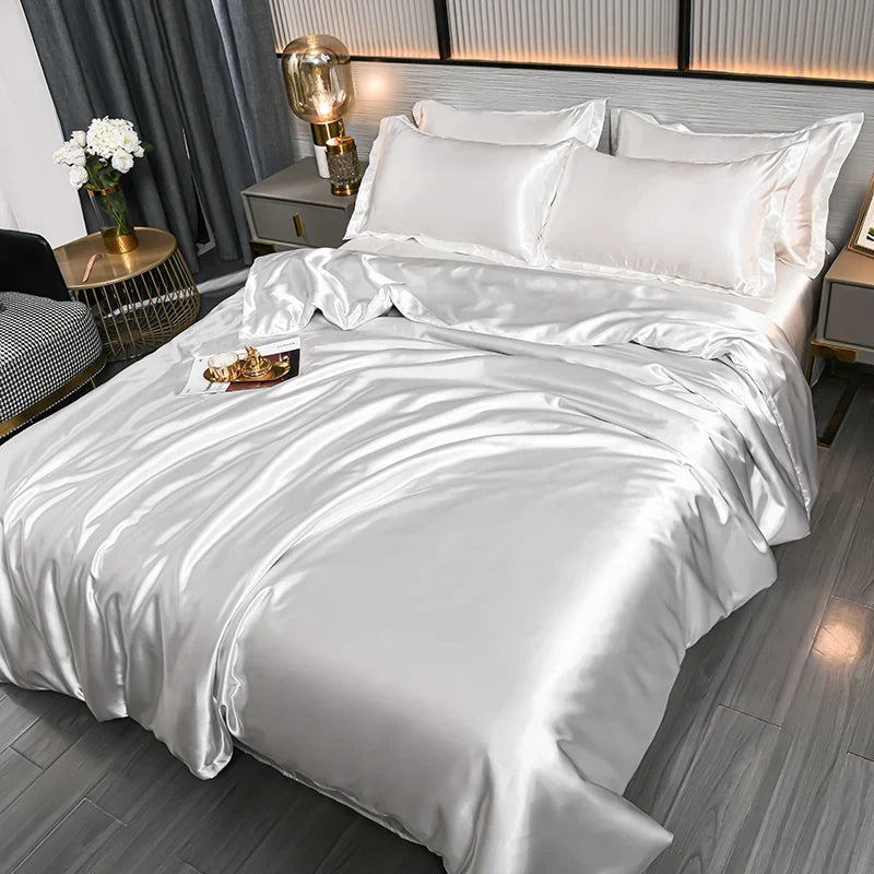 Luxury Mulberry silk bedding set with duvet cover and sheet, high-end satin finish, soft and skin-friendly Queen size bedsheets.