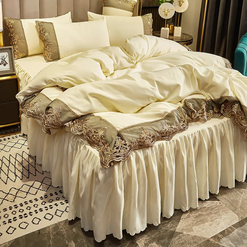 European-style Summer Ice Rayon bed skirt from MC THE BLACK DIAMOND, showcasing a soft, lightweight bedding set in a home decor setting.