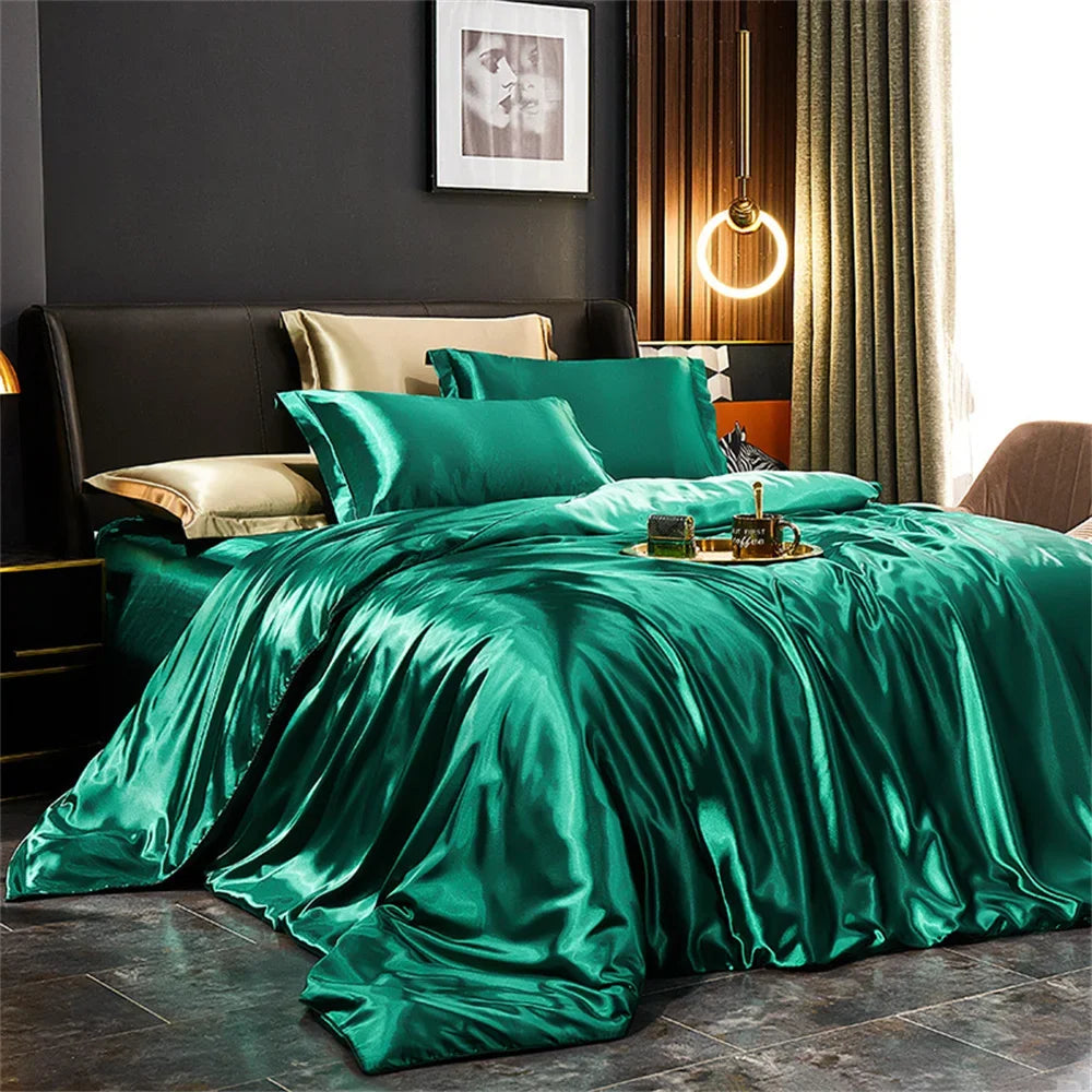 Luxury MC THE BLACK DIAMOND solid silk bedding set with duvet cover, bedsheet, and pillowcases in satin for king, queen, or twin beds.
