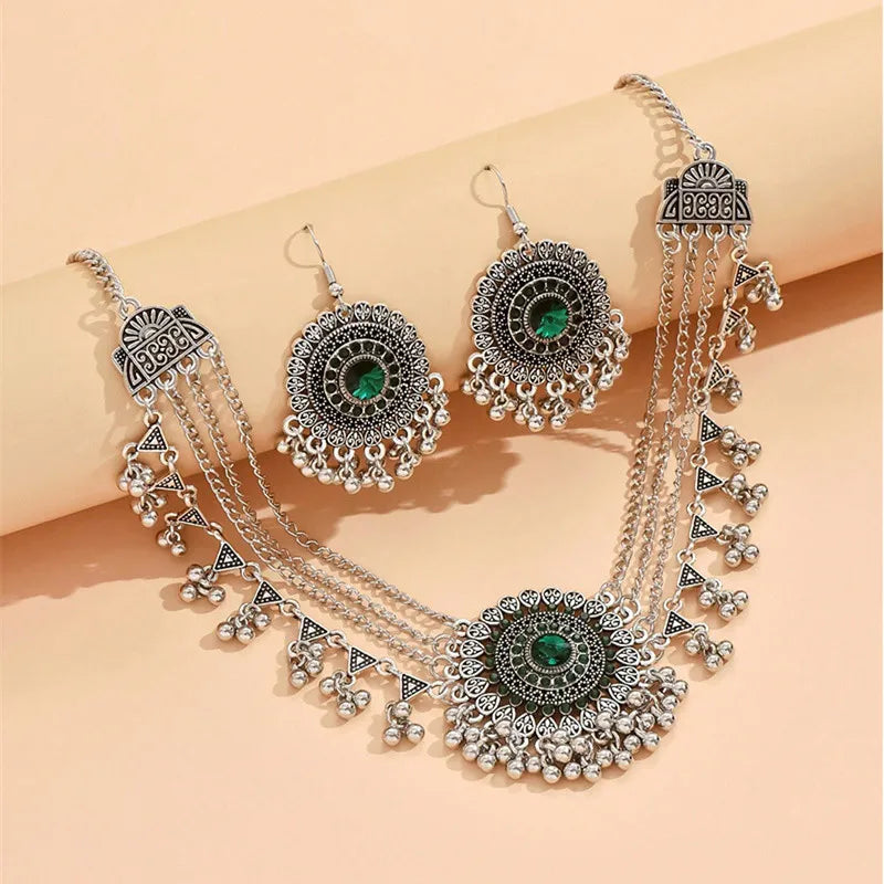 MC THE BLACK DIAMOND rhinestone jewelry set with layered metal bead tassel necklaces and matching earrings for women