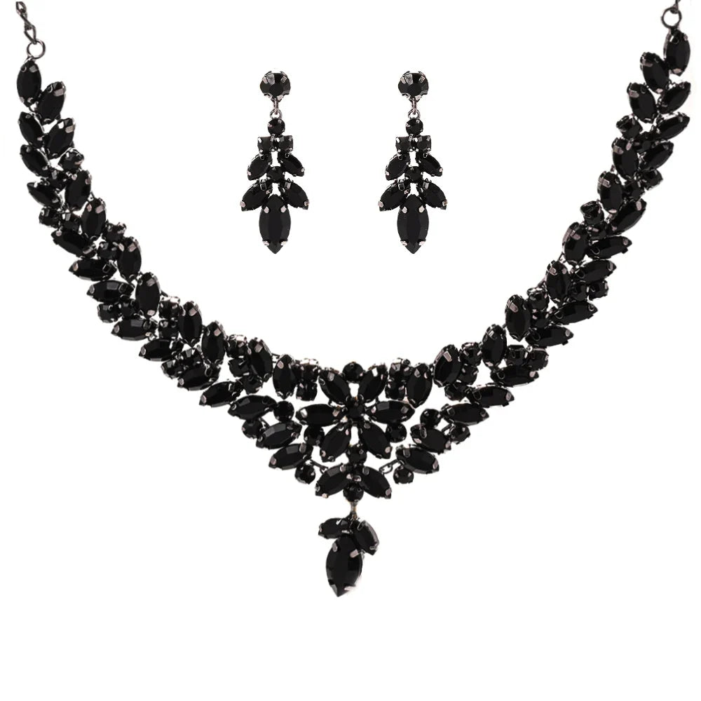 MC THE BLACK DIAMOND black leaves jewelry set with crystal rhinestone necklace and earrings, perfect for bridal or boho wedding style.