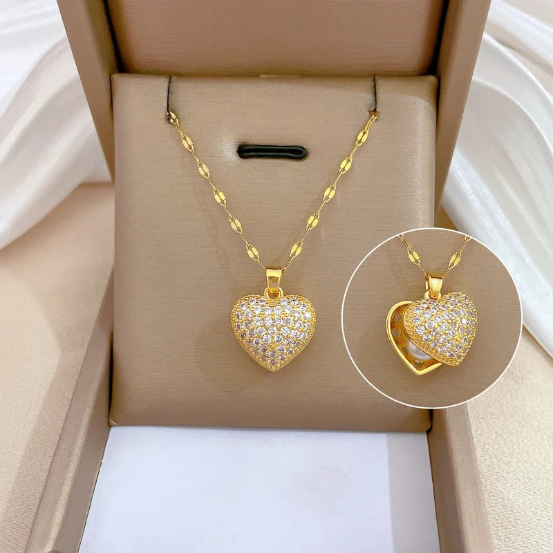 Gold-colored ZAKOL French shell pearl necklace with zircon accents, love heart pendant, stainless steel, for women and wedding jewelry.