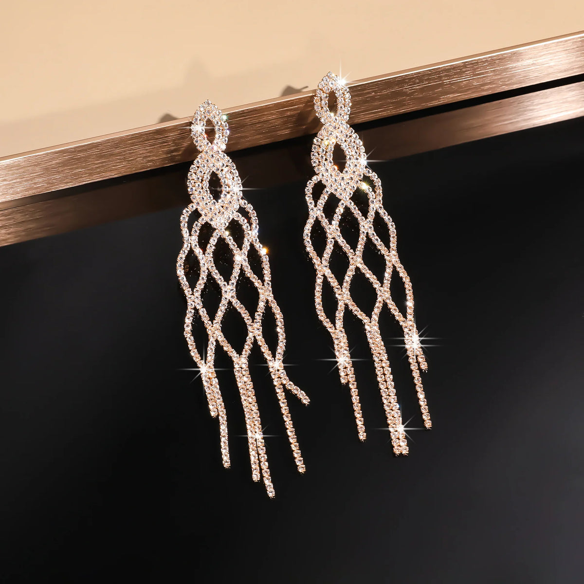 MC THE BLACK DIAMOND FYUAN long tassel rhinestone drop earrings with geometric crystal design, perfect for parties and weddings