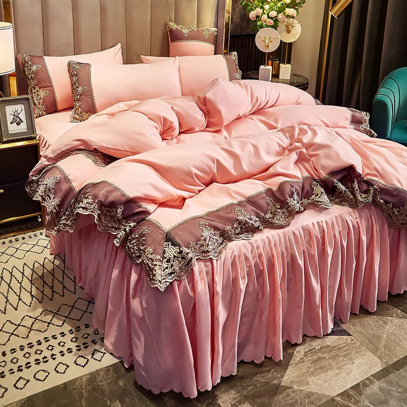 European ice rayon bed skirt from MC THE BLACK DIAMOND, part of a summer bedding set, shown draped over a neatly made bed.