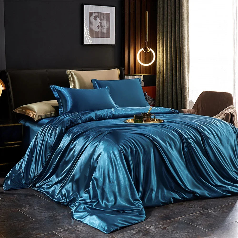 Luxury MC THE BLACK DIAMOND solid silk bedding set with duvet cover, bed sheet, and pillowcases in single, double, queen, and king sizes.