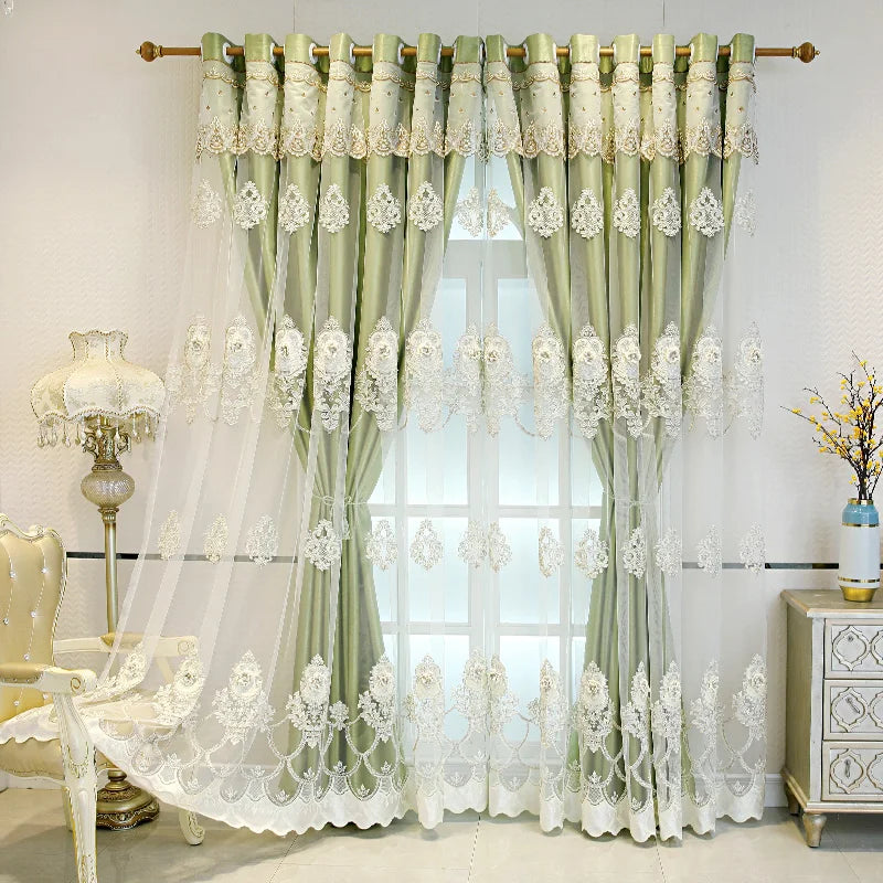 Black double-layer curtains with embossed base and 3D embroidered details, ideal for bedroom or living room home decor.