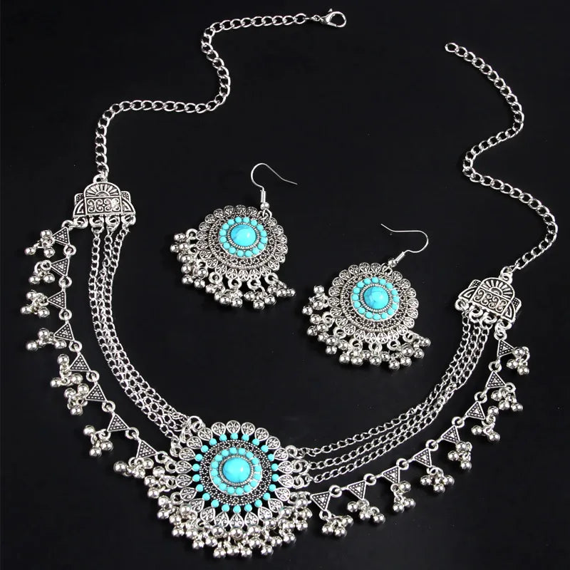 MC THE BLACK DIAMOND rhinestone jewelry set featuring layered metal bead tassel necklace and matching earrings for women.