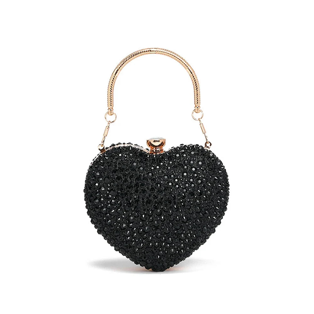 MC THE BLACK DIAMOND luxury heart-shaped crystal clutch purse with diamond inlay, rhinestone embellishments, evening wedding shoulder bag