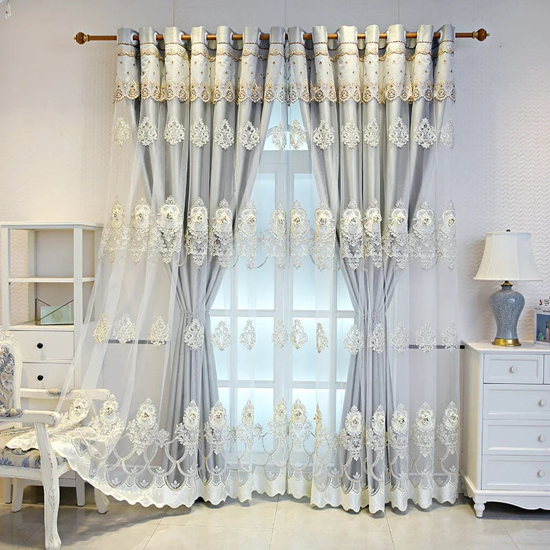 Elegant black double-layer curtains with embossed base and 3D embroidered details, ideal for bedroom or living room decor.