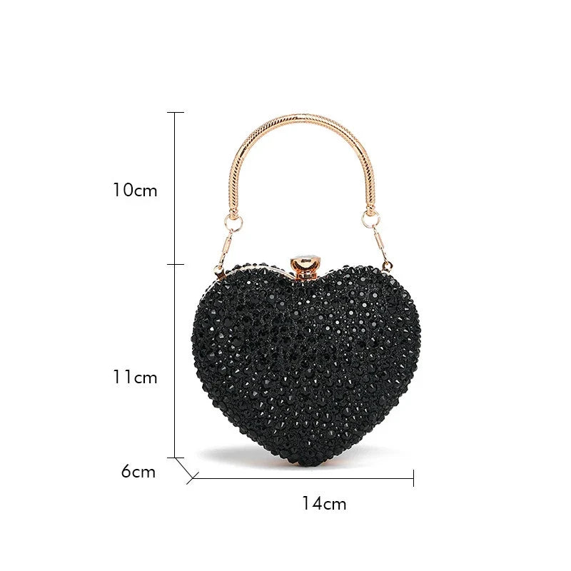 Luxury MC THE BLACK DIAMOND heart-shaped crystal clutch purse with rhinestone embellishments, evening wedding party shoulder handbag.