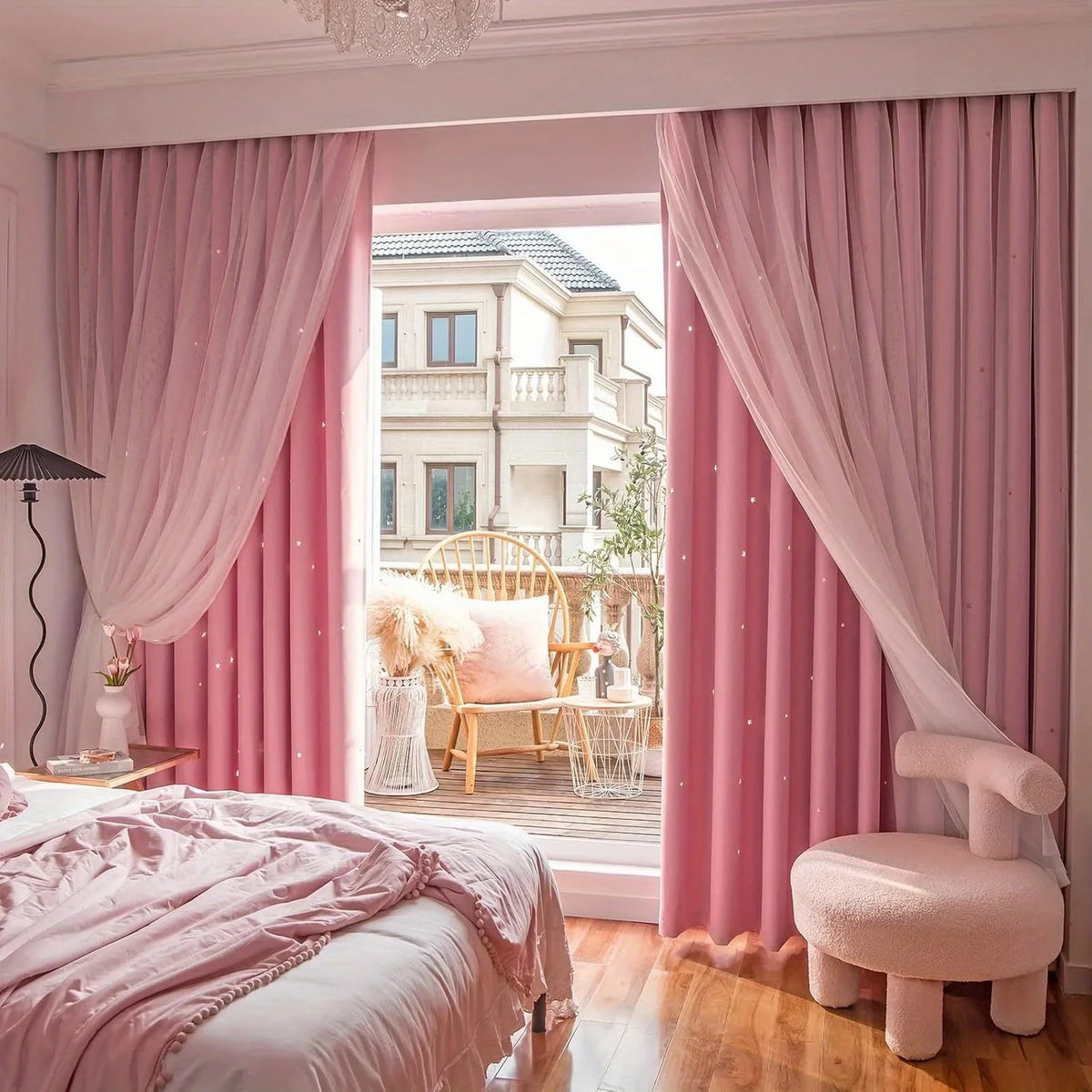 Blue double-layer princess curtains with two panels and elegant design by MC THE BLACK DIAMOND, perfect for window decor.