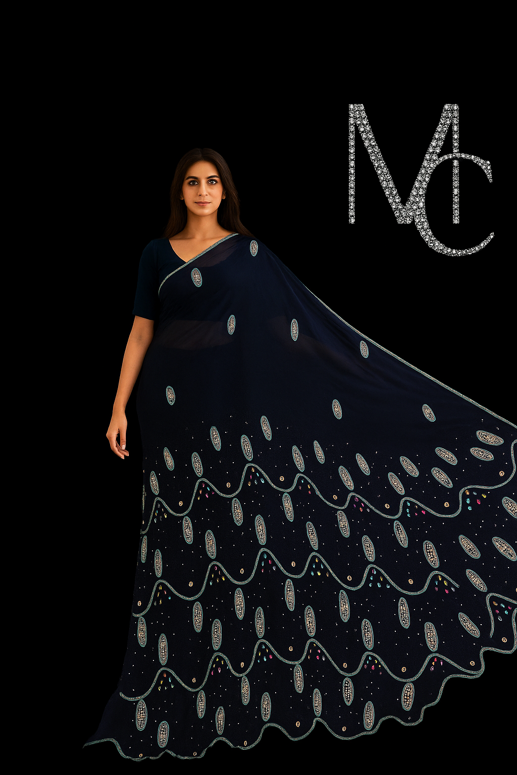 Deep navy blue chiffon fabric swatch from MC THE BLACK DIAMOND 4-meter suit, showcasing lightweight, soft, and flowy textile material.