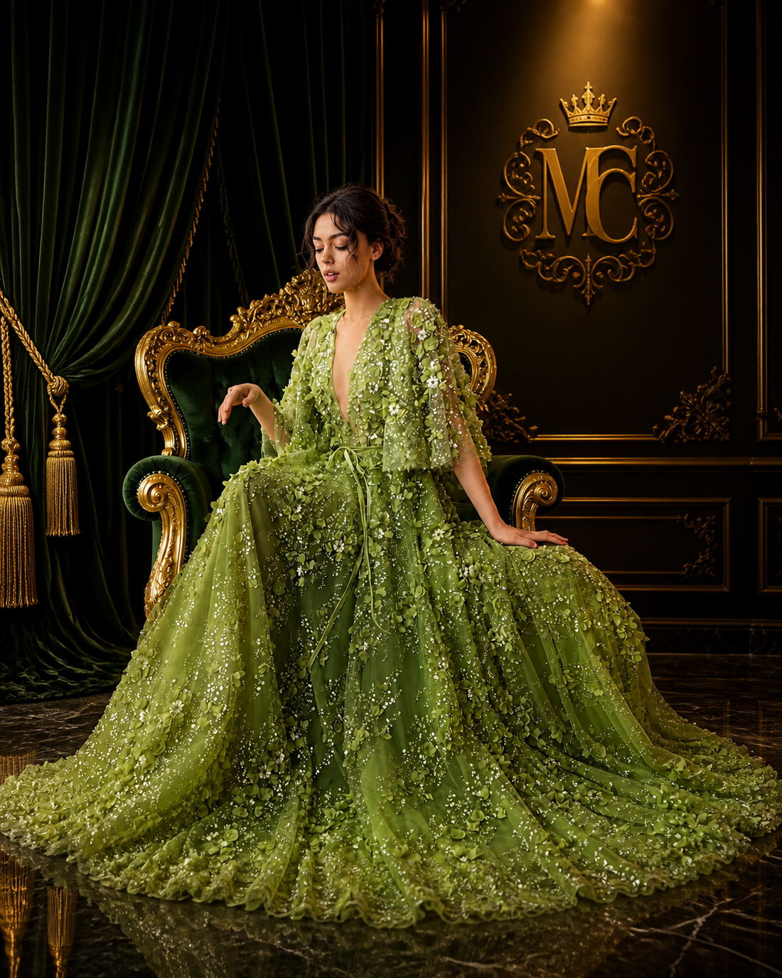 Elegant Dubai luxury dress by MC THE BLACK DIAMOND, showcasing intricate design and high-quality fabric from Sharon Said Dubai collection.