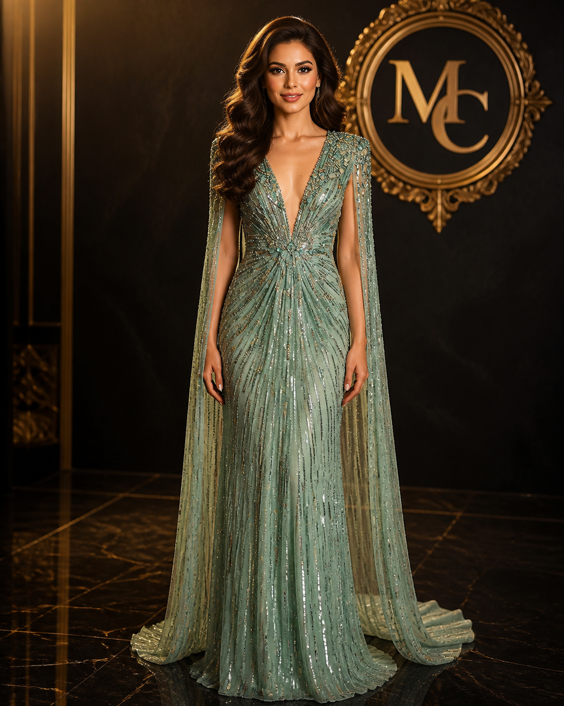 Luxury Dubai Sage Green Women’s Dress by MC THE BLACK DIAMOND, featuring elegant design and flowing fabric.