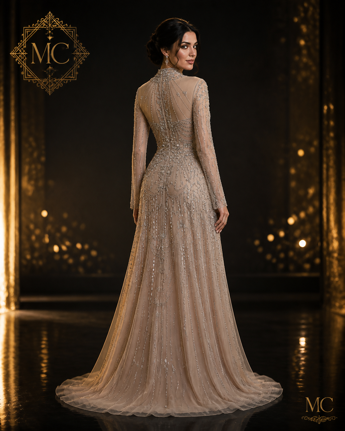 MC THE BLACK DIAMOND long sleeve high neck Dubai luxury evening dress for women, wedding and formal Arabic gown.